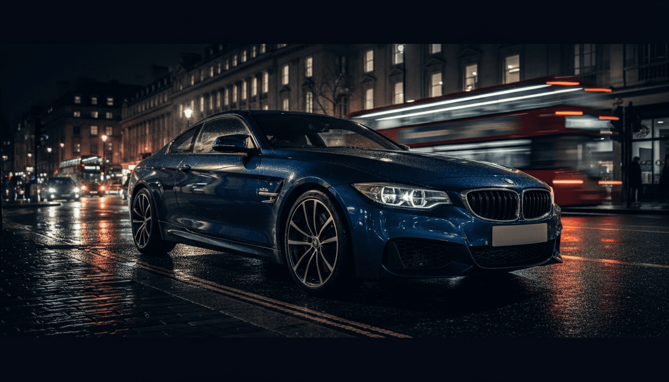 Premium performance car parked on a wet London street at night