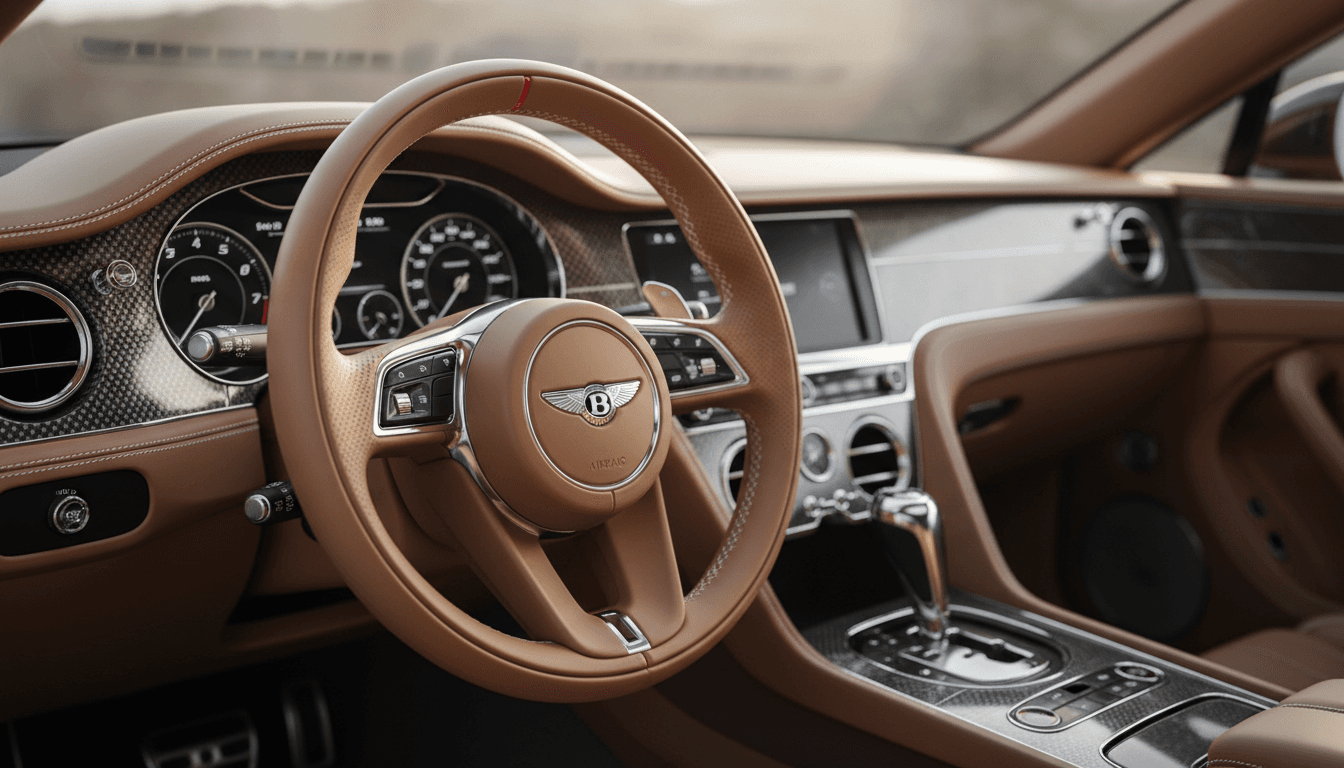 Close-up of a luxury car interior with leather steering wheel