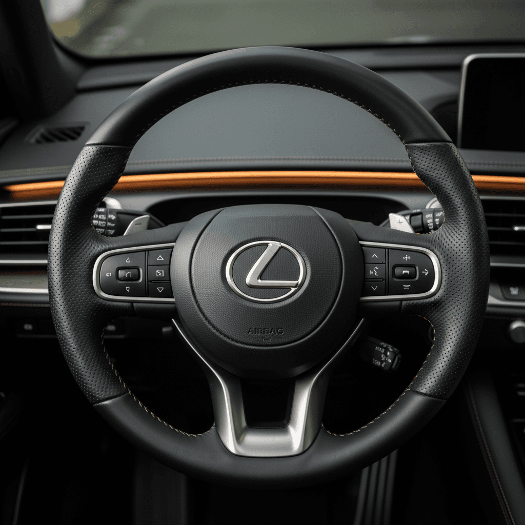 Close-up of a luxury car interior steering wheel and dashboard