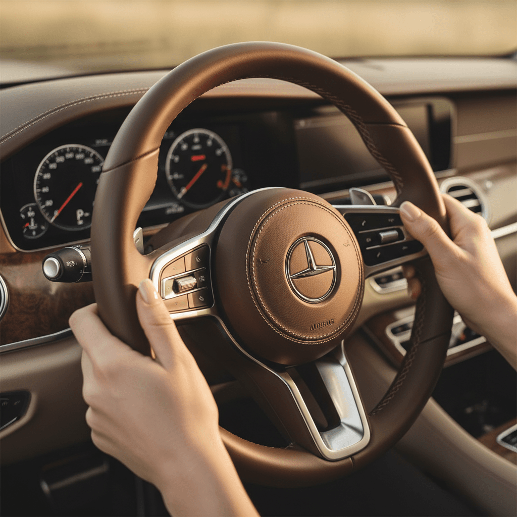 Premium car interior with leather steering wheel and metallic accents