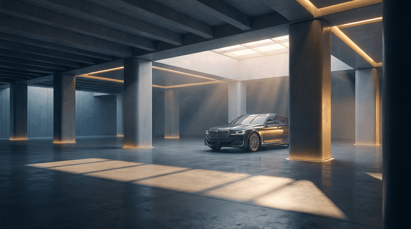 Luxury sports car parked in a dark underground garage, reflecting light